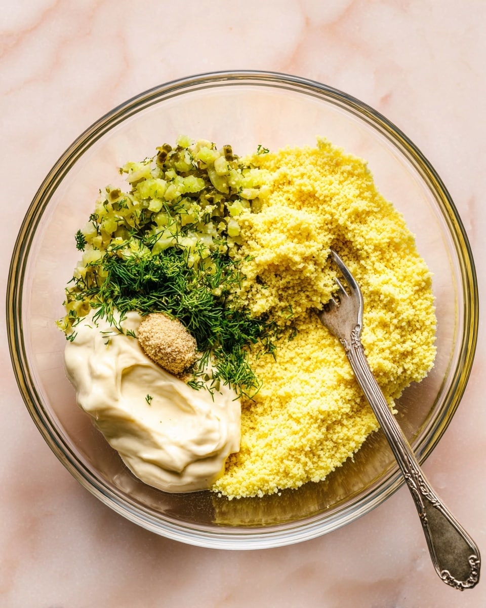 A clear glass bowl on a white marbled surface holds four main layers of ingredients for a dish. The largest layer is bright yellow and crumbly, covering most of the bottom and right side of the bowl. On top of this, to the left is a pile of finely chopped green pickles with a small dollop of light brown mustard nestled in it. Near the bottom left side sits a generous scoop of thick, creamy off-white mayonnaise. Fresh green dill is sprinkled on top of the yellow crumble near the fork resting inside the bowl from the right side, with its tines touching the dill and yellow layer. The scene is simple and light. Photo taken with an iphone --ar 4:5 --v 7