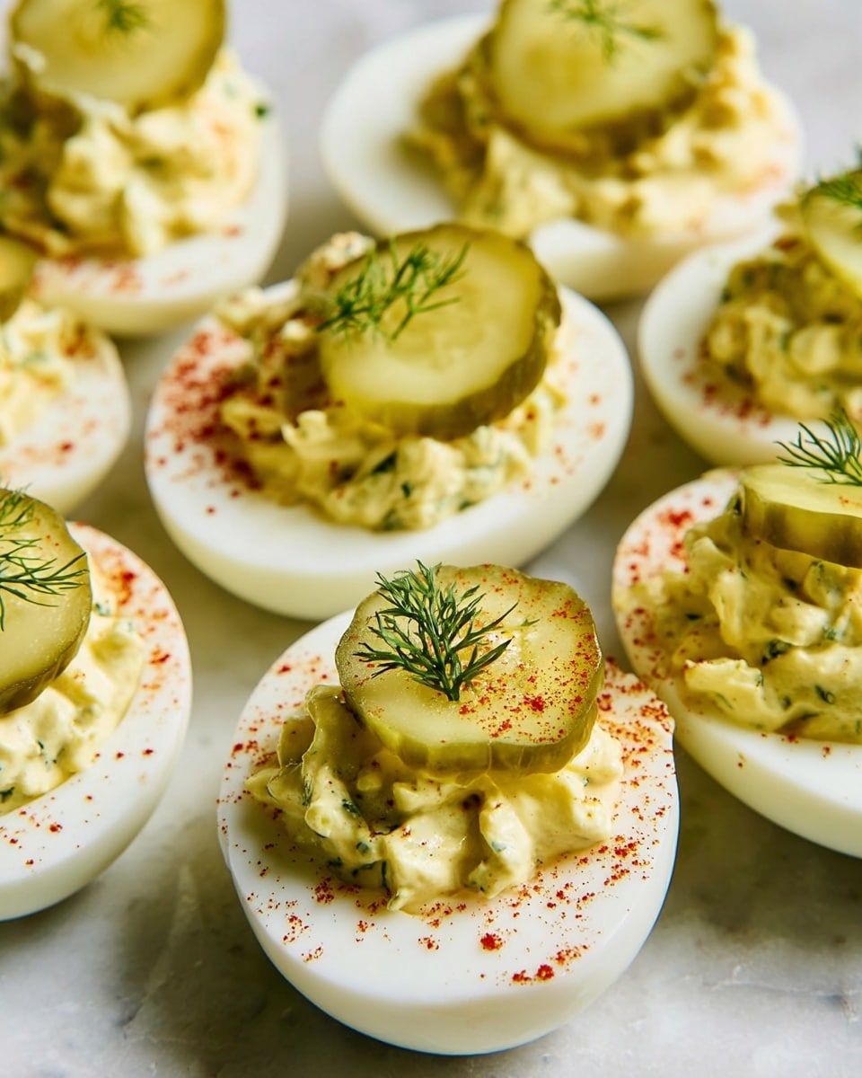 The image shows several deviled eggs arranged closely on a white marbled surface. Each egg is cut in half, showing a smooth, white egg white base holding a creamy, pale yellow yolk mixture with visible green herbs mixed in. The creamy filling is heaped slightly higher than the egg white. A thin, round slice of green pickle is placed on top of the yolk mixture in each egg, along with a small sprig of fresh green dill. Light red paprika powder is sprinkled around the filling gently on each egg, adding small red specks to the white surface. The eggs look fresh and neatly prepared. photo taken with an iphone --ar 4:5 --v 7