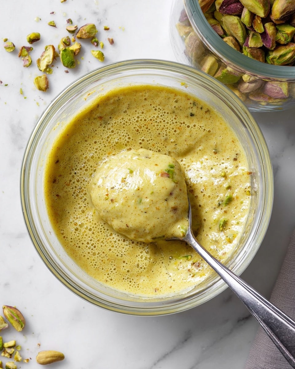 A clear glass bowl sits on a white marbled surface, filled with a creamy, yellow-green mixture speckled with small bits of green and brown, giving it a slightly textured look. A silver spoon rests inside the bowl, scooping up a rounded portion of the thick mixture, showing its smooth and somewhat airy consistency with tiny bubbles on the surface. Around the bowl, a clear glass container holds whole pistachio nuts, and some crushed pistachios are scattered nearby on the white marbled surface, adding a touch of natural green and brown color. photo taken with an iphone --ar 4:5 --v 7
