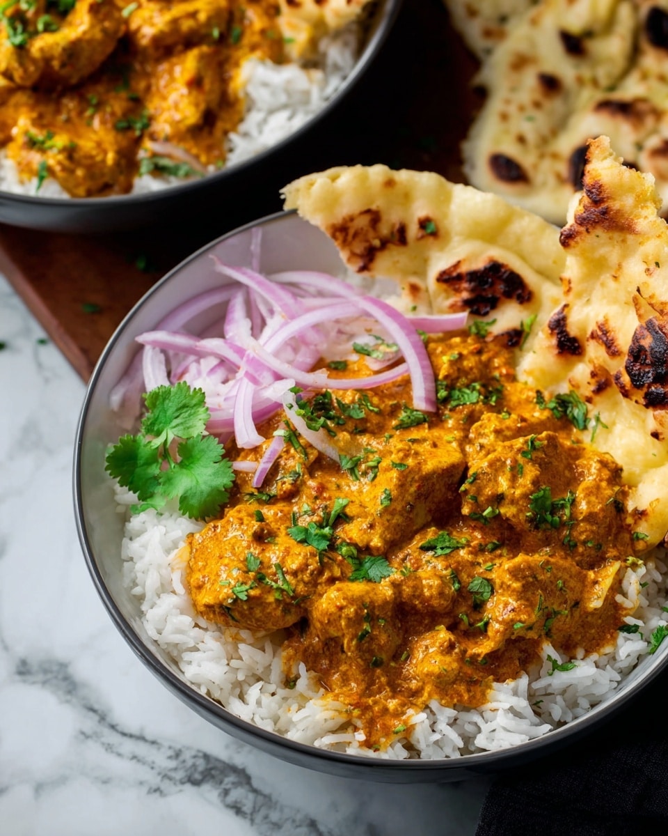 In the white bowl, there is a base layer of white rice topped with chunks of orange creamy curry with a slightly rough texture. On one side of the bowl, thin slices of purple onion are spread over the rice, adding a fresh contrast. Fresh green cilantro leaves are scattered over the curry for decoration. Two pieces of lightly toasted, golden naan bread with a soft texture and some brown spots rest on the edge of the bowl. The bowl is placed on a white marbled surface, and in the background, part of another white bowl with similar curry and rice is visible. Photo taken with an iphone --ar 4:5 --v 7