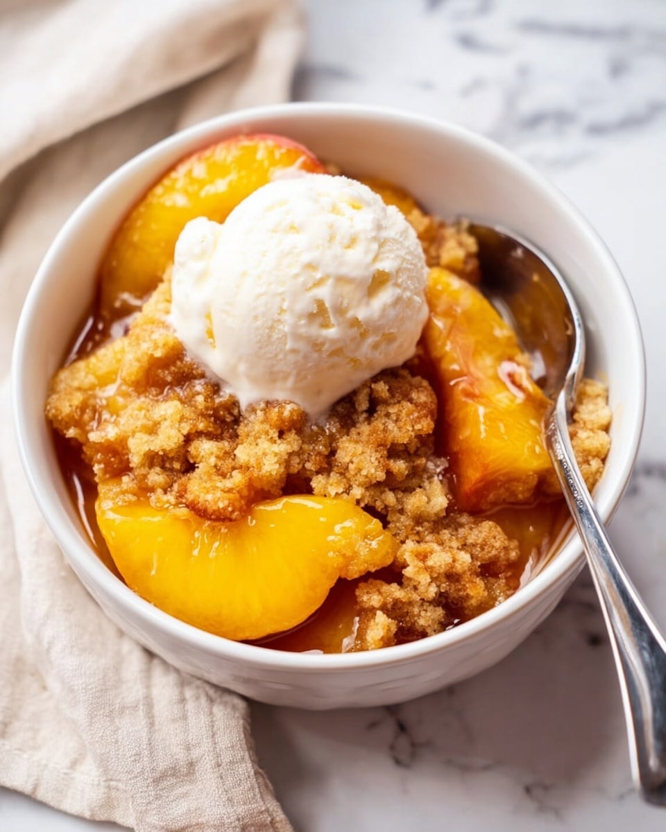 A white bowl filled with three main layers: at the bottom, soft thick peach slices in a glossy syrup, in the middle, a crumbly golden brown biscuit-like topping that looks crispy, partly soaking the syrup, and on top, a round scoop of creamy white vanilla ice cream melting slightly and mixing with the warm peach layers. A silver spoon is partly inside the bowl, resting against the peach slices and biscuit topping. The bowl is on a white marbled surface with a beige cloth nearby. Photo taken with an iphone --ar 4:5 --v 7