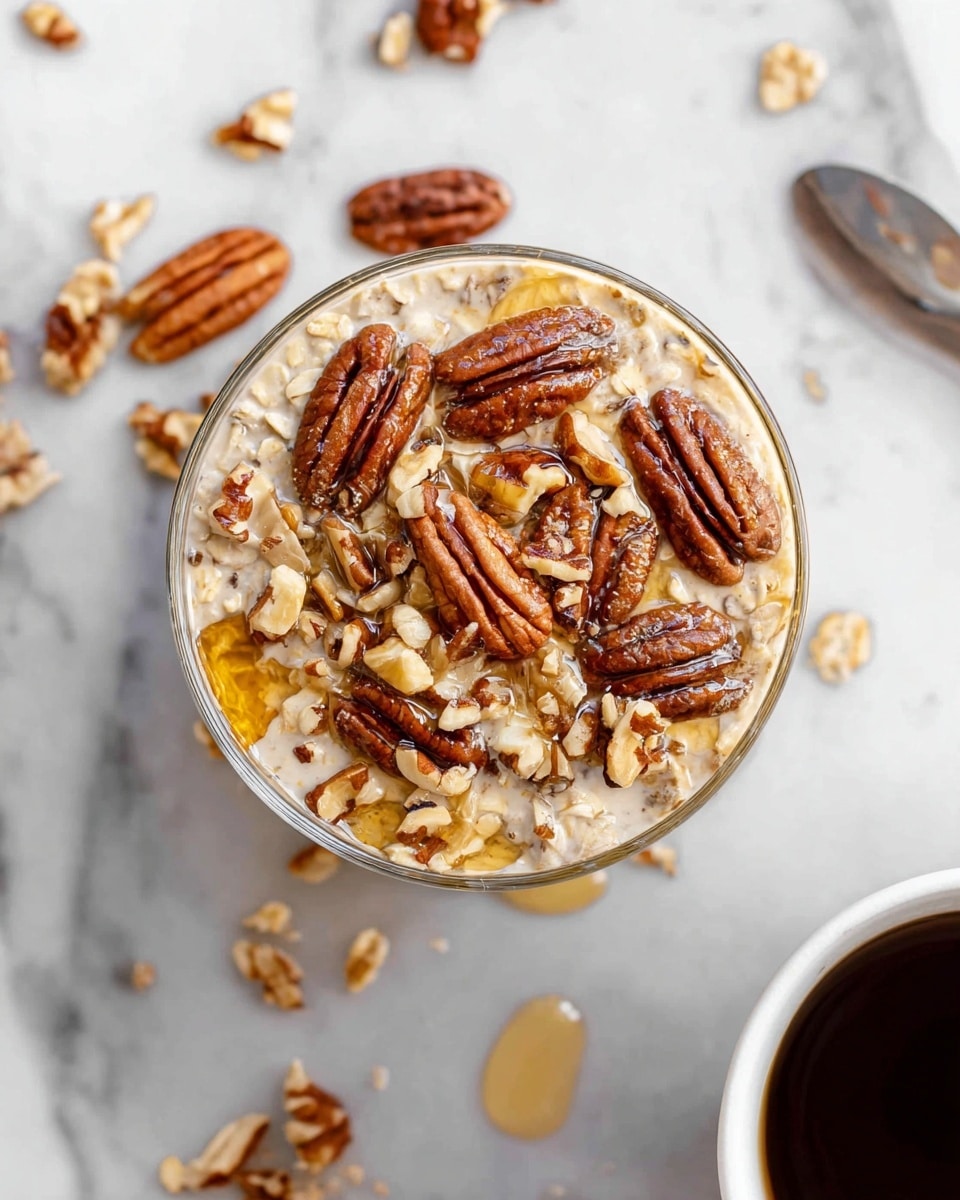 A glass bowl filled with a first layer of light beige milk-soaked rolled oats, topped with a second layer of mixed nuts including large brown pecan halves and smaller beige walnut pieces, some drizzled with golden honey. The bowl is placed on a white marbled surface with scattered nut pieces and honey drops around it. On the right edge, part of a white cup with dark coffee shows. Photo taken with an iphone --ar 4:5 --v 7