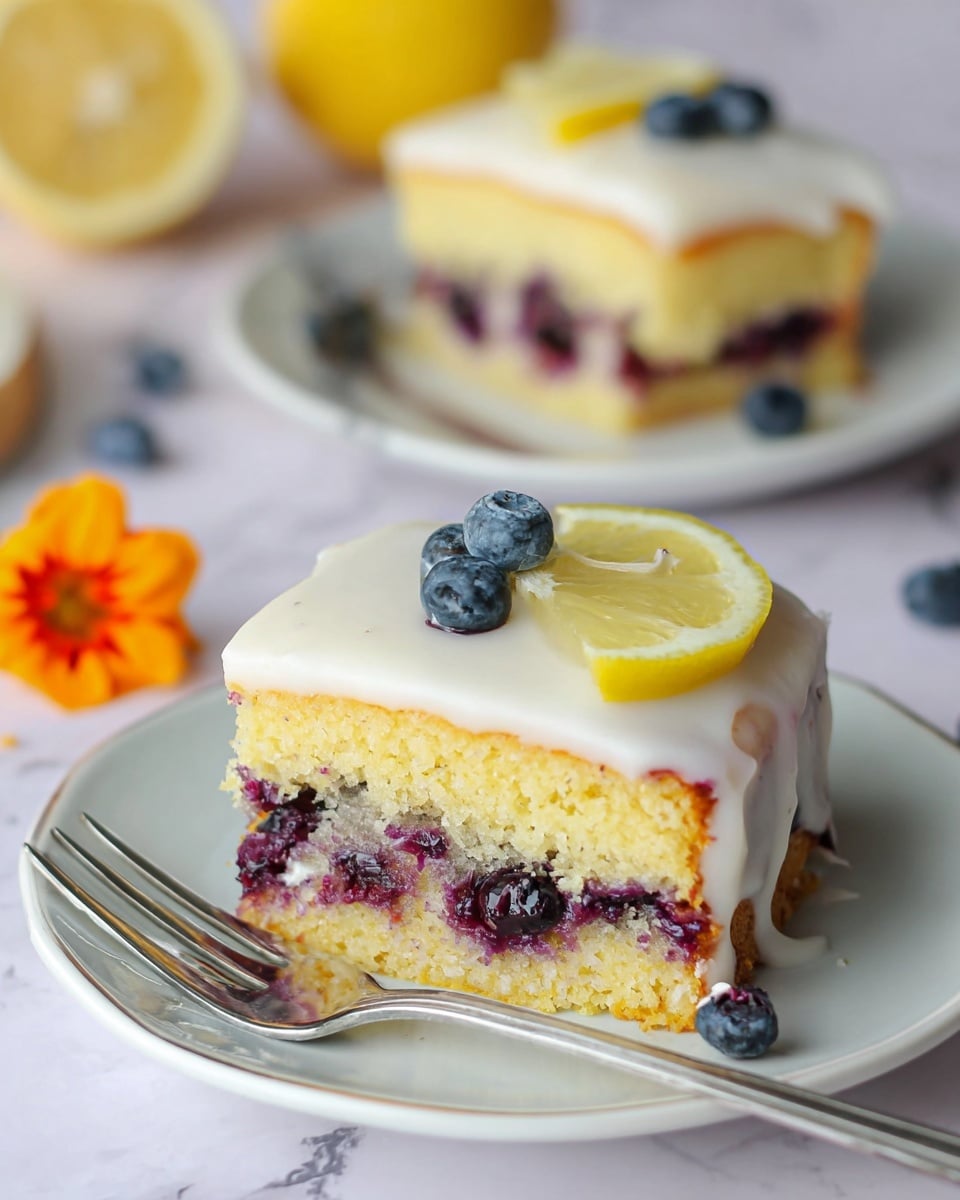 The image shows a slice of lemon blueberry cake on a white plate with a white marbled surface background. The cake has three visible layers: a bottom layer filled with dark purple blueberries mixed into a light yellow sponge, a middle thick light yellow cake layer, and a smooth white icing layer on top. On the icing, there is a small slice of yellow lemon and a single fresh blueberry placed next to each other. In the background, another slice of the same cake sits on a white plate with a white marbled surface, and a silver fork rests next to the front plate. There is also a small orange flower on the surface between the two plates, adding a bright pop of color. Photo taken with an iphone --ar 4:5 --v 7