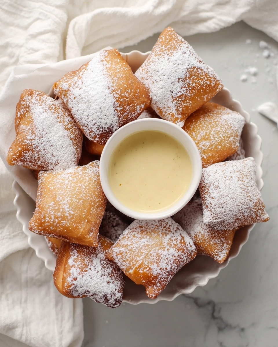 A white scalloped bowl holds about ten square-shaped fried dough pieces covered generously with white powdered sugar, giving a soft, snowy look. The dough pieces show a golden brown color with a slightly rough texture. In the middle of the bowl is a small white cup filled with smooth, pale yellow dipping sauce. The bowl sits on a white marbled surface with a white cloth partially seen in the background. Photo taken with an iphone --ar 4:5 --v 7