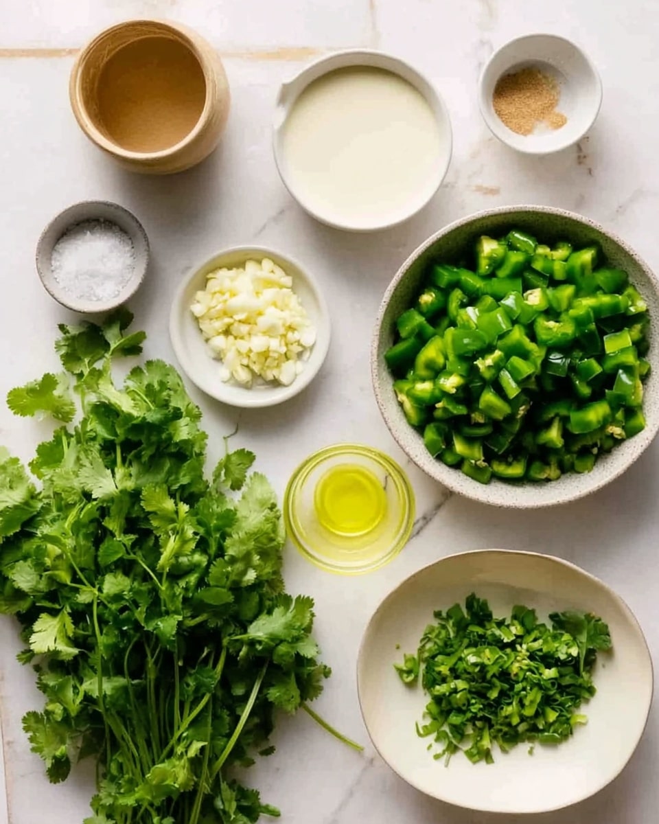 A flat lay image shows various ingredients arranged neatly on a white marbled surface. In the center right, there is a bowl filled with chopped green chilies, bright and fresh. Below it, a small clear container holds a light yellow liquid. To the lower left, there is a large bunch of fresh cilantro with bright green leaves. Above the cilantro, there is a small white plate holding finely minced garlic. Next to it, another small white bowl contains a creamy white sauce. To the upper left there is a small white bowl with a light brown sauce and another bowl containing salt. A woman's hand is slightly visible at the left edge of the image holding a light brown container. The overall colors are green, white, beige, and light brown. Photo taken with an iphone --ar 4:5 --v 7
