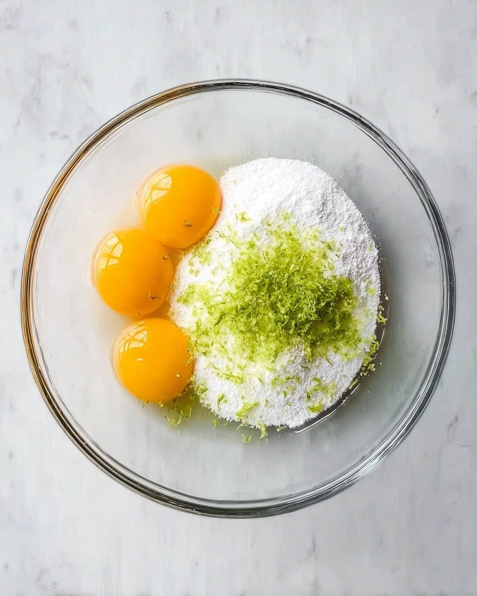 A clear glass bowl sits on a white marbled surface, holding three bright yellow egg yolks on the left side. On the right side, there is a white powdery substance, likely sugar, with finely grated green lime zest sprinkled on top. The ingredients are well separated but together inside the bowl, creating a simple and fresh look. photo taken with an iphone --ar 4:5 --v 7