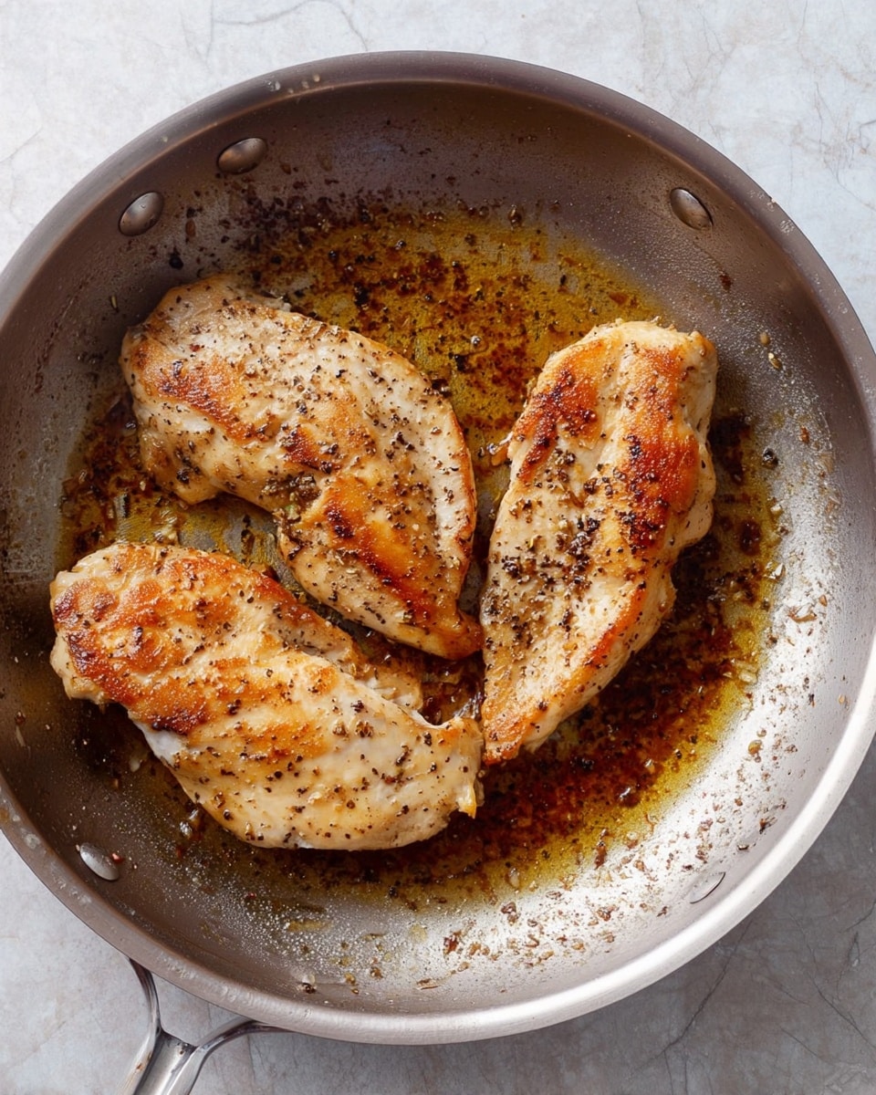A metal pan with a shiny surface holds three cooked pieces of light golden chicken with brown edges, arranged in a rough triangle. The chicken pieces have a slightly crispy texture and are seasoned with black pepper. The pan contains browned oil and bits of cooked seasoning, creating an oily, dark golden layer around the chicken. The background is a white marbled surface. photo taken with an iphone --ar 4:5 --v 7