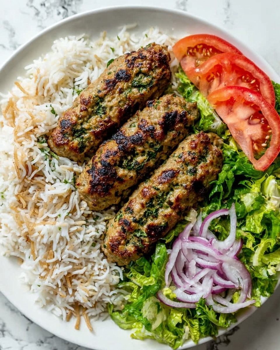 A white plate is filled with three brown grilled kebabs, each with green herb bits inside, placed horizontally in the center. On the left side, there is a bed of fluffy white rice with light brown toasted noodles mixed in. On the right side, fresh green lettuce leaves form a small salad topped with bright red tomato wedges and thin purple onion rings. The plate rests on a white marbled surface. photo taken with an iphone --ar 4:5 --v 7