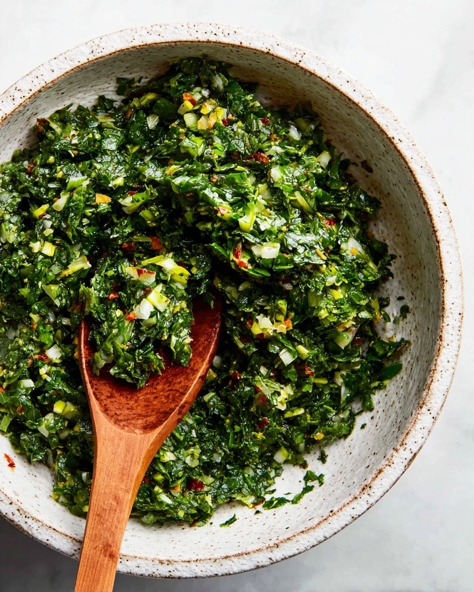 The image shows a white speckled bowl filled with finely chopped green herbs and vegetables mixed together, giving a fresh and textured look. There are small pieces of white, yellow, and red scattered evenly throughout the green mix. A wooden spoon inside the bowl scoops up a portion of the mixture, showing the moist and finely chopped contents with a hint of shine. The bowl is placed on a white marbled surface. Photo taken with an iphone --ar 4:5 --v 7