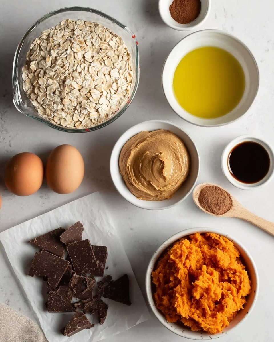 The image shows a white marbled surface with several baking ingredients arranged neatly. There is a clear glass measuring cup filled with light beige rolled oats near the center top. To the upper right is a white bowl holding yellow oil. Below it is another white bowl with light brown peanut butter. Near the bottom left are two whole brown eggs next to a small pile of light brown sugar. To the left side, there is a white square parchment paper with dark brown chopped chocolate pieces. Near the bottom center is a small white dish with dark vanilla extract. A white bowl with bright orange sweet potato mash is placed near the middle right. On the far right edge, the tip of a wooden spoon is partially visible, and a woman's hand is gently touching the surface near the bowls. The photo taken with an iphone --ar 4:5 --v 7