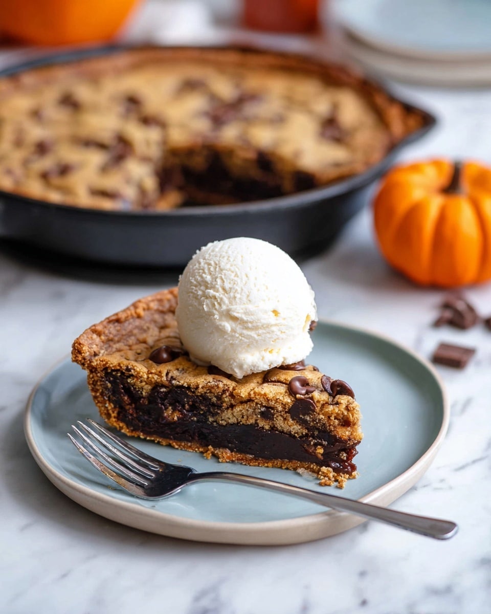 The image shows a slice of thick chocolate chip cookie pie on a white marbled surface, placed on a small white plate with a bluish tint. The pie slice has two layers: a dense, dark chocolate layer at the bottom and a lighter, crunchy cookie layer with visible chocolate chunks on top. A rounded scoop of smooth white ice cream sits on top of the slice, melting slightly. Next to the plate is a silver fork resting on the surface. In the background, a black skillet with the remaining pie is visible, with one slice missing. There is also an orange pumpkin and some blurred kitchen items on the right side. Photo taken with an iphone --ar 4:5 --v 7