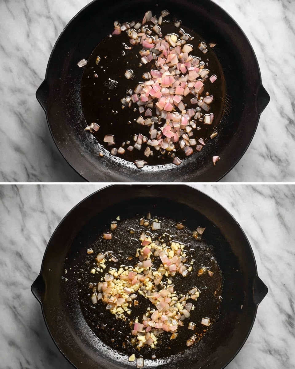 The image shows two views of a black cast iron pan on a dark gray white marbled surface. In the first view, the pan has a layer of light pink diced shallots in the middle with shiny hot oil around them, creating a slight gloss on the pan's surface. In the second view, the shallots have turned golden brown and look soft, scattered evenly across the pan, mixed with minced garlic which is a pale cream color and appears slightly cooked. The pan’s black surface contrasts with the light colors of the shallots and garlic. Photo taken with an iphone --ar 4:5 --v 7