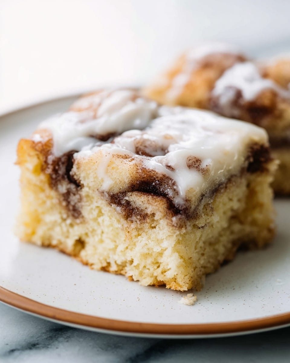 Two square pieces of cinnamon roll cake sit on a white plate with a thin brown edge, placed on a white marbled surface. The cake has three visible layers: the bottom layer is a soft, pale yellow cake base; the middle layer is a darker brown cinnamon swirl with a slightly crumbly texture; and the top layer is a thick, creamy white glaze that drips gently over the edges, adding shine and richness to the soft cake. The scene is close-up, focusing on the moist texture and the glaze sheen, photo taken with an iphone --ar 4:5 --v 7