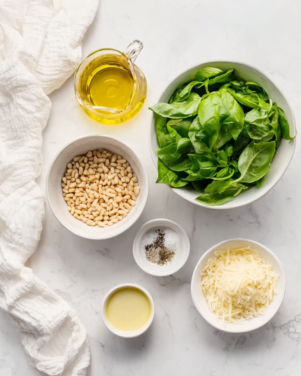 The image shows six white bowls and a small glass pitcher arranged on a white marbled surface. One large white bowl is filled with fresh green basil leaves. Below and to the left, a medium white bowl contains light beige pine nuts. To the right of the pine nuts, a small white bowl holds grated pale yellow cheese. Above this, a very small white bowl contains coarse white salt and black pepper. Below the pine nuts bowl, a smaller white bowl has light yellow thick sauce or paste. On the left side of the arrangement, a clear glass pitcher holds golden yellow olive oil. A white cloth is placed in the top left corner. photo taken with an iphone --ar 4:5 --v 7