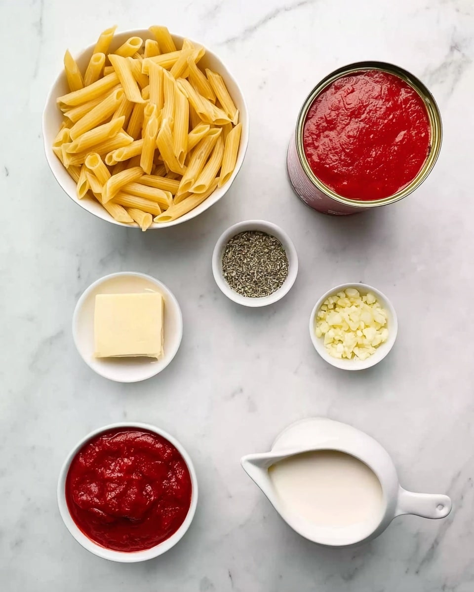 The image shows seven items placed neatly on a white marbled surface. In the top left, there is a white bowl filled with dry yellow penne pasta. To the right, there is an opened can filled with smooth red tomato sauce with its lid partly open and facing upward. Below the pasta, there is a small white container holding mixed dried herbs, mainly green and black in color. To the bottom left corner, a small white cup contains a square piece of pale yellow butter. Just right of it, another small white container is filled with minced pale yellow garlic. At the bottom center, a white measuring cup with a handle contains a white creamy liquid. Lastly, at the bottom left, there is a small white bowl filled with thick red tomato paste. Photo taken with an iphone --ar 4:5 --v 7