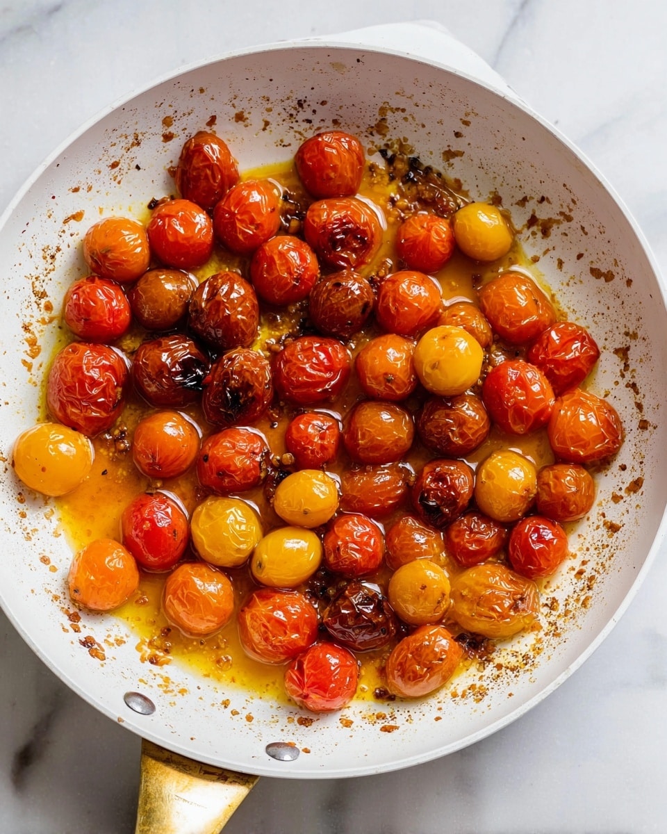The image shows a white frying pan filled with roasted cherry tomatoes in different colors, including bright red, yellow, and deep brownish-red. The tomatoes are soft and slightly wrinkled, sitting in a layer of golden orange oil mixed with small brown bits from roasting. The edges of the pan have bits of browned residue, adding texture and contrast to the smooth white surface. The pan handle is gold-colored, and the background is a white marbled texture. photo taken with an iphone --ar 4:5 --v 7