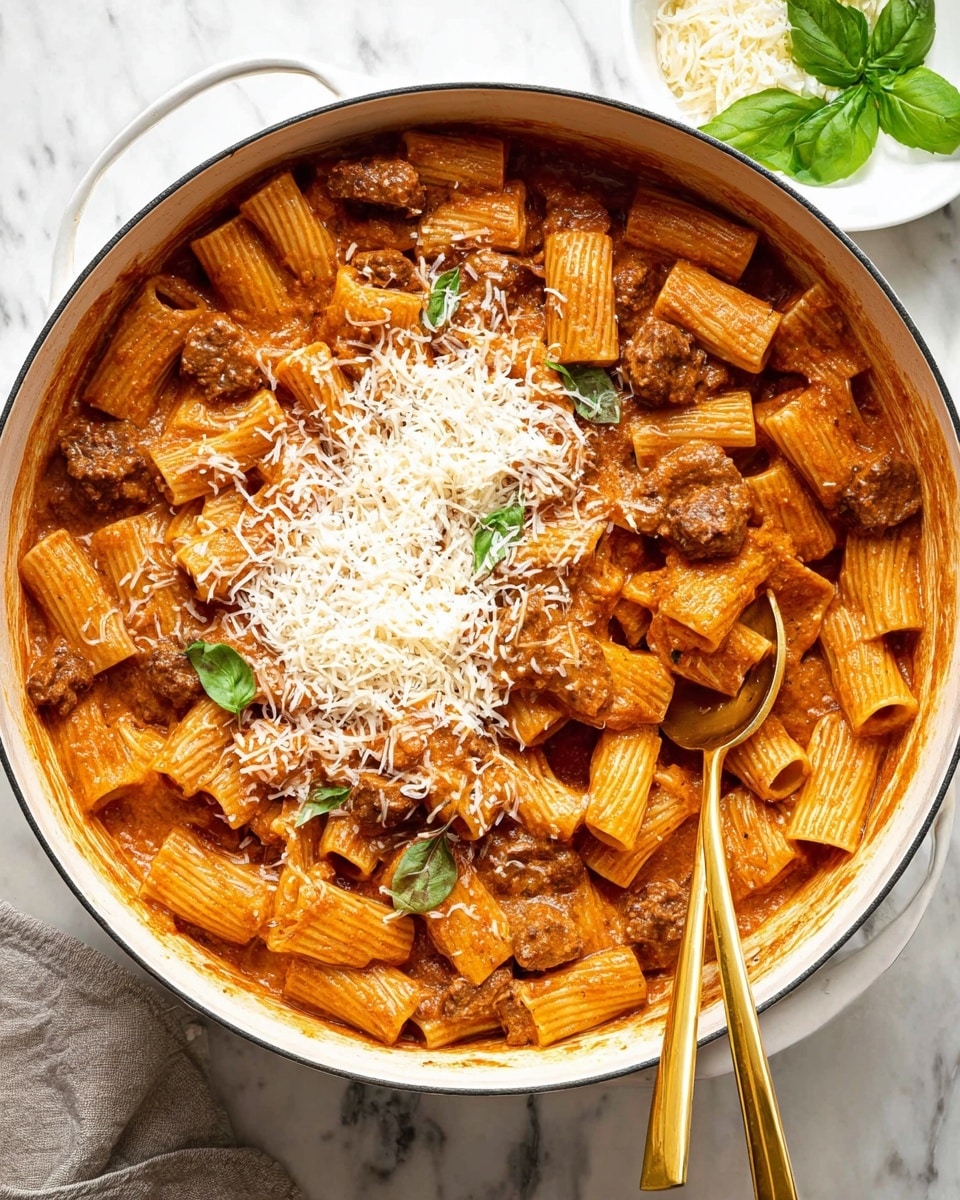 The image shows a white pot filled with rigatoni pasta mixed in a thick, rich orange-red sauce with chunks of browned meat evenly spread throughout. The pasta tubes have ridges and are coated well in the sauce. In the center on top, a pile of finely shredded white cheese is placed, starting to melt slightly into the sauce. Two golden spoons rest inside the pot, one slightly scooping pasta. A round white bowl with extra shredded cheese and green basil leaves are placed on a white marbled surface beside the pot. photo taken with an iphone --ar 4:5 --v 7