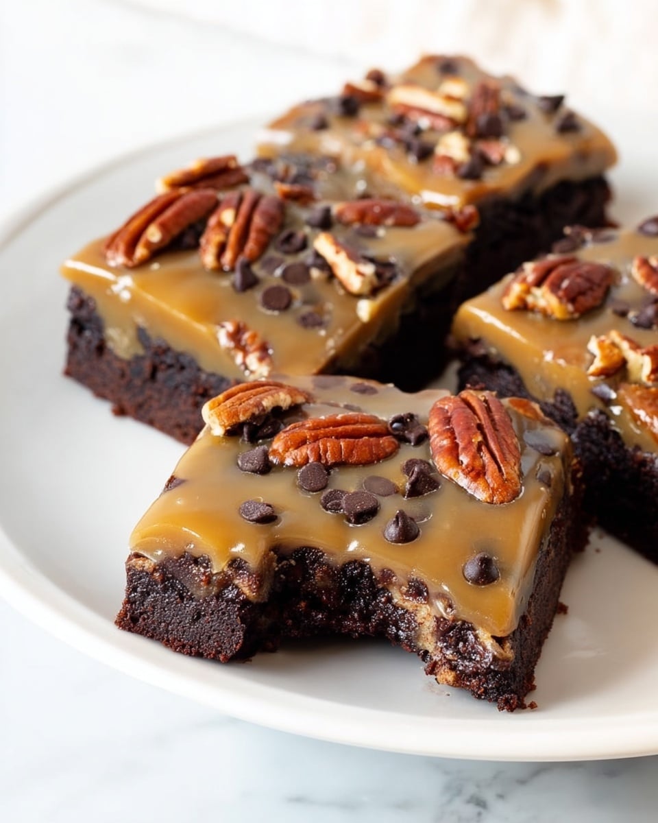 The image shows three square brownie pieces on a white plate, placed on a white marbled surface. Each brownie has two layers: a bottom dark brown, dense chocolate layer with a soft texture, and a top light brown glossy caramel layer. The caramel layer is topped with scattered pecan halves and dark chocolate chips. One brownie has a bite taken out, showing the thick brownie base under the caramel. A woman's hand holds the plate slightly from the edge. Photo taken with an iphone --ar 4:5 --v 7