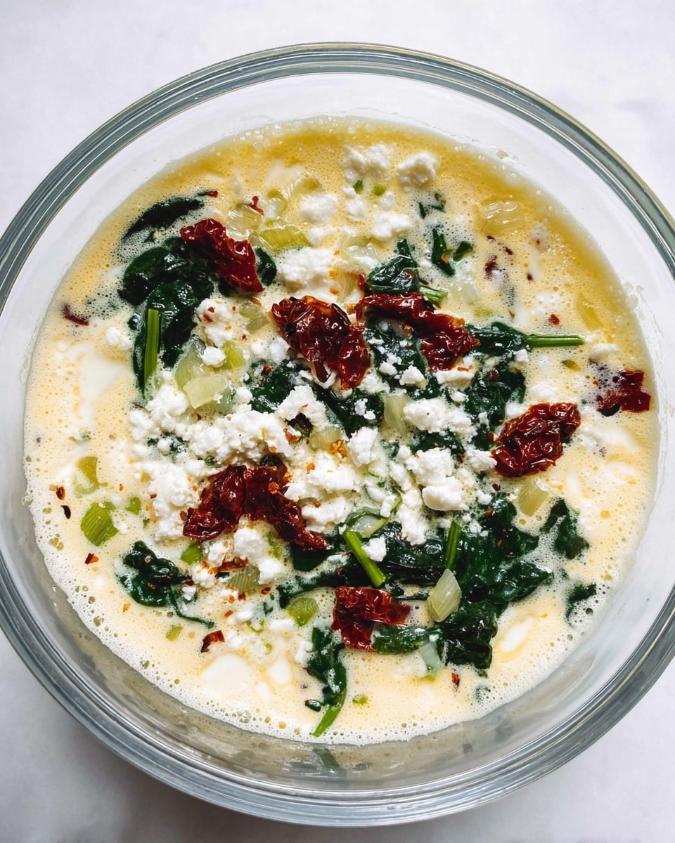 A clear glass bowl holds a mixture with three main layers visible from the top view. The base is a pale yellow liquid with a creamy, slightly frothy texture. Scattered across the surface are dark green leafy pieces of spinach and small chopped yellow onions, adding a fresh, textured look. White crumbled cheese is sprinkled unevenly on top, with deeper red sun-dried tomato bits placed in small clusters around the bowl. The bowl sits on a white marbled surface. photo taken with an iphone --ar 4:5 --v 7