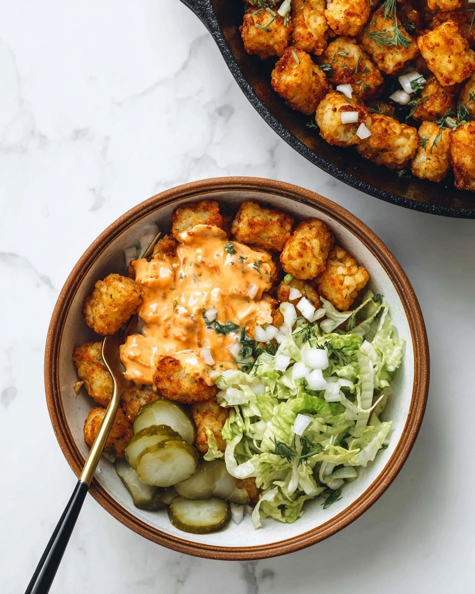 A white bowl with brown edges holds several layers of food. The bottom layer is a mix of crispy golden-brown tots covered lightly with a creamy orange sauce that looks smooth and thick. To one side, there is a small pile of fresh, shredded green lettuce adding a bright and crisp texture. Next to the lettuce, several slices of ridged pickles appear glossy and pale green. Small bits of white onions are scattered on top of the tots and sauce, adding texture and detail. A gold and black fork rests inside the bowl on the left side. In the upper right corner, part of a black cast iron skillet is visible, filled with more golden-brown tots mixed with some green herbs and white onions. The background is a white marbled surface. photo taken with an iphone --ar 4:5 --v 7