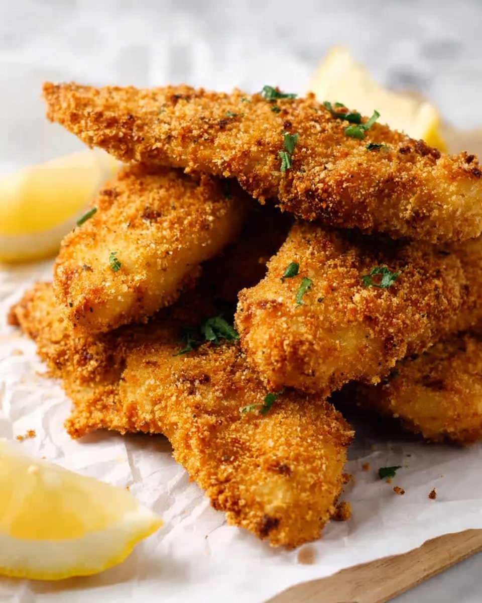 The image shows a stack of four golden-brown crispy breaded chicken strips with a rough, crunchy texture, scattered with small green herb bits on top. The chicken pieces are placed on white parchment paper, and two lemon wedges are partially visible near the bottom left corner. The background surface is a white marbled texture. photo taken with an iphone --ar 4:5 --v 7