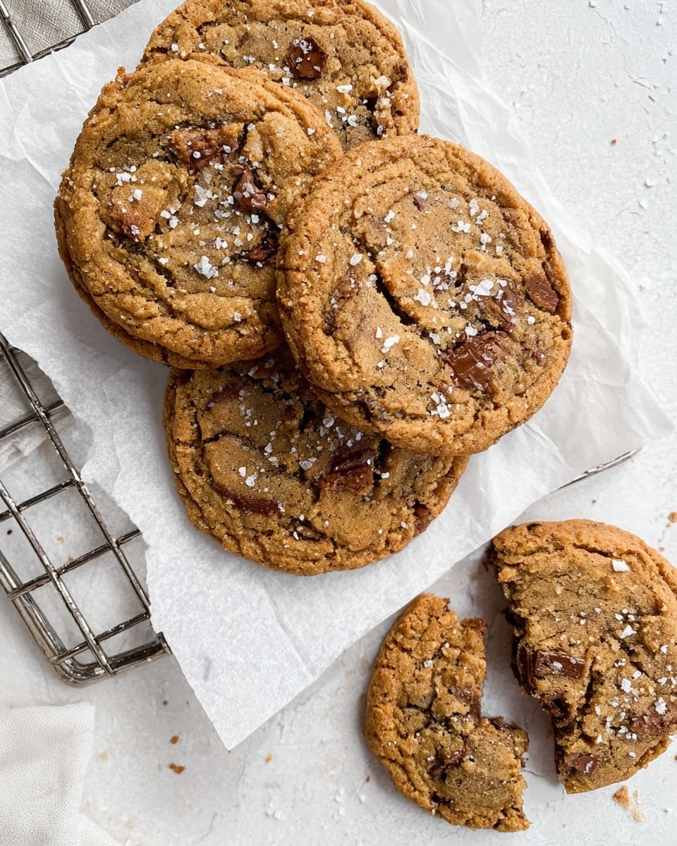 The image shows four golden brown cookies with a rough texture and small chocolate pieces inside. Three whole cookies are stacked partially on a metal cooling rack on the left side, and one cookie is broken into two pieces on the right. The cookies have a slightly cracked surface and small white salt flakes sprinkled on top. They rest on a slightly crumpled white parchment paper over a white marbled textured surface. Photo taken with an iphone --ar 4:5 --v 7