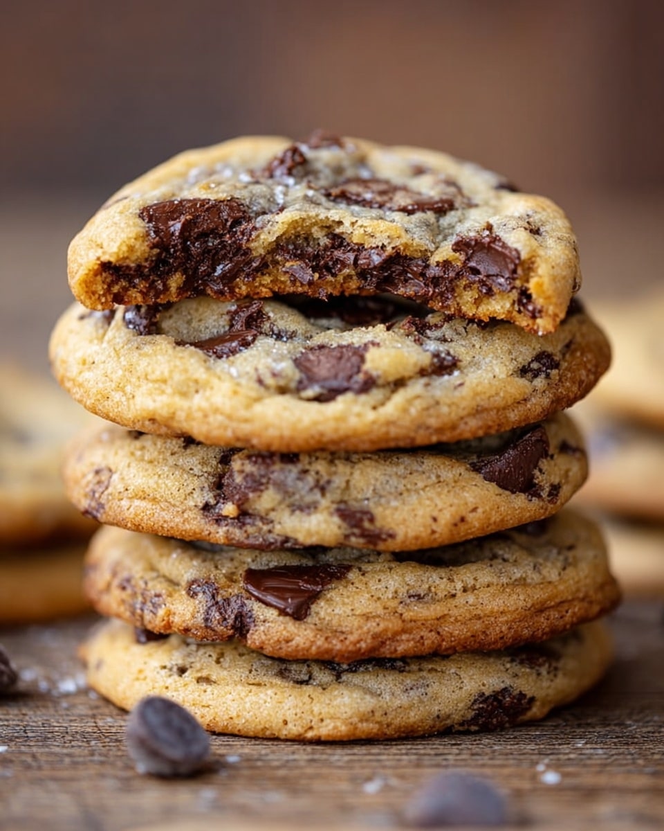 A stack of five round chocolate chip cookies is shown, each cookie golden brown with visible chunks of semi-melted dark chocolate spread throughout. The top cookie is broken in half, showing a soft and slightly crumbly interior filled with chocolate pieces. The cookies have a lightly crispy edge and a softer center. The stack sits on a wooden surface with a few loose chocolate chips scattered around. The background is blurred, bringing focus to the cookies. Photo taken with an iphone --ar 4:5 --v 7