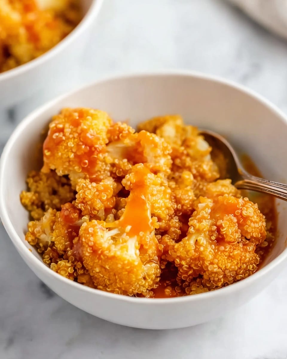 A white bowl filled with a single layer of golden brown cauliflower florets coated in a grainy, crunchy quinoa crust. The florets show a mix of light and deep orange shades from a bright orange sauce drizzled over them. A silver spoon is partially visible inside the bowl, resting among the cauliflower. The bowl sits on a white marbled surface, with part of another identical bowl blurred in the background. photo taken with an iphone --ar 4:5 --v 7
