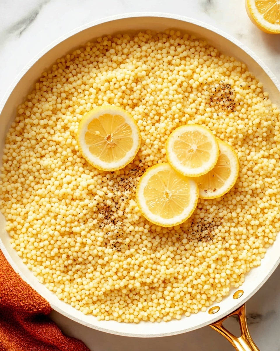 A white pan filled with small, round yellow couscous pearls, evenly spread to cover the bottom and middle of the pan. The couscous looks soft and fluffy, lightly sprinkled with black pepper for contrast. On top of the couscous, three lemon wedges are placed, bright yellow with visible juicy texture, positioned toward the center and right side of the pan. The pan handle is golden and mostly visible at the bottom of the image. The background is a white marbled surface with a small section of an orange cloth visible near the bottom left. photo taken with an iphone --ar 4:5 --v 7