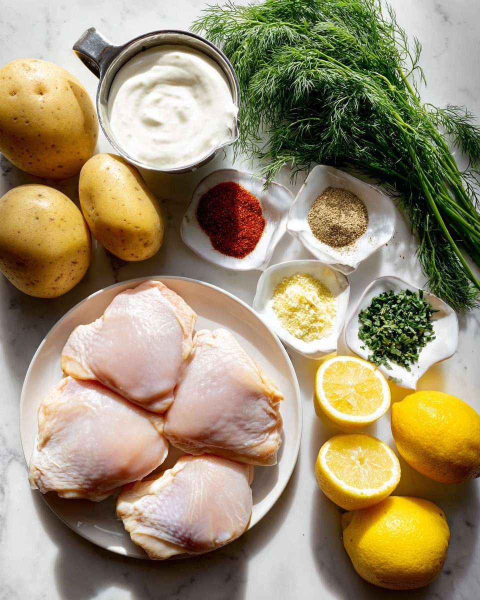 The image shows five raw chicken thighs with smooth, pale pink skin arranged on a white, round plate near the lower right. To the left of the plate, there are four yellow potatoes with a slightly rough texture placed on a white marbled surface. Above the potatoes, a bunch of fresh green dill with feathery leaves rests on the surface. Near the center top, a metal measuring cup filled with thick, white yogurt sits beside a small white bowl containing four different dry spices in separate sections: red paprika powder, dried herbs, a light brown powder, and a creamy beige powder. To the right, on another white plate, there are three ingredients arranged in separate small piles: finely chopped green herbs, pale yellow grated zest, and minced light yellow garlic, along with two halves of a cut lemon showing their bright yellow rind and pale yellow interior. Several whole, bright yellow lemons are scattered around the edges on the white marbled surface. The lighting is bright and natural, highlighting the fresh colors of all the ingredients. photo taken with an iphone --ar 4:5 --v 7