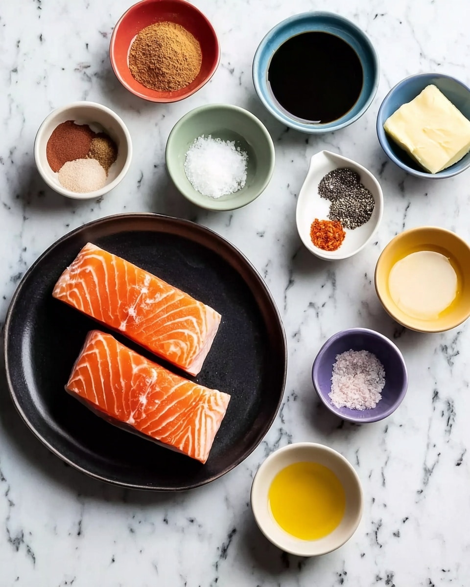 The image shows three pieces of raw salmon, each with a bright orange color and white streaks, placed on a black plate on the left side. Around the plate on a white marbled surface are small white, red, purple, blue, brown, yellow, and green bowls, each holding different ingredients like brown sugar, butter, liquids, and powders. The overall setting is neat and clean, emphasizing the colors and textures of the ingredients. Photo taken with an iphone --ar 4:5 --v 7