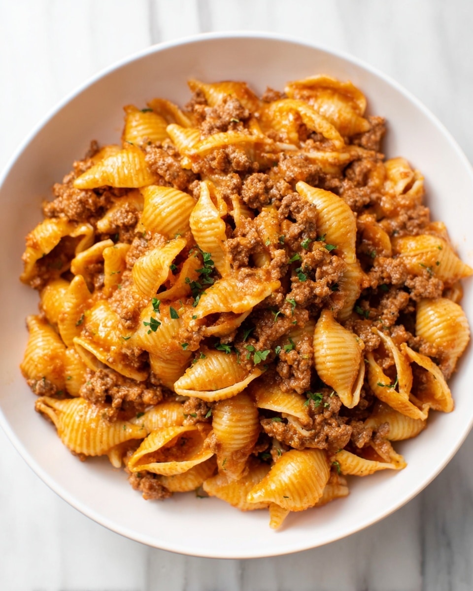 A white bowl filled with about three layers of shell pasta mixed evenly with ground meat sauce. The shell pasta is a golden orange color, coated lightly in the sauce, and the ground meat pieces are brown and crumbly spread throughout the pasta. Small green herb bits are sprinkled on top, adding a touch of color contrast. The bowl is placed on a white marbled surface, creating a clean and bright setting. photo taken with an iphone --ar 4:5 --v 7
