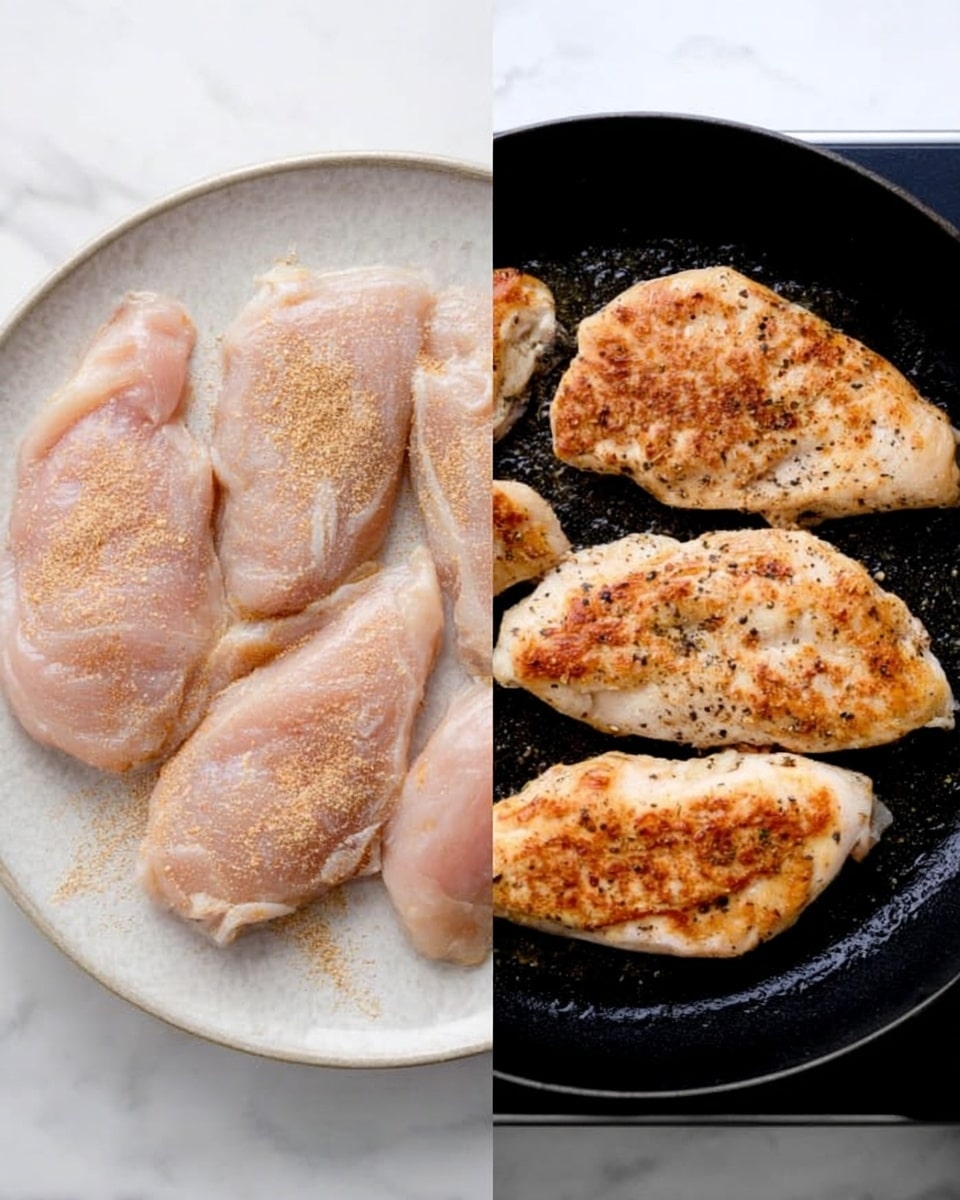 The image shows two side-by-side scenes of four raw chicken pieces on a round white plate on the left, sprinkled with a light brown spice mix, placed on a white marbled surface, and on the right, the same four chicken pieces cooked and browned on a black cast iron skillet over a stovetop. The raw chicken pieces are pale pink with a smooth texture, organized in a circle on the plate. The cooked pieces have a golden brown crust with specks of black pepper, showing a crispy surface and slight charring. photo taken with an iphone --ar 4:5 --v 7