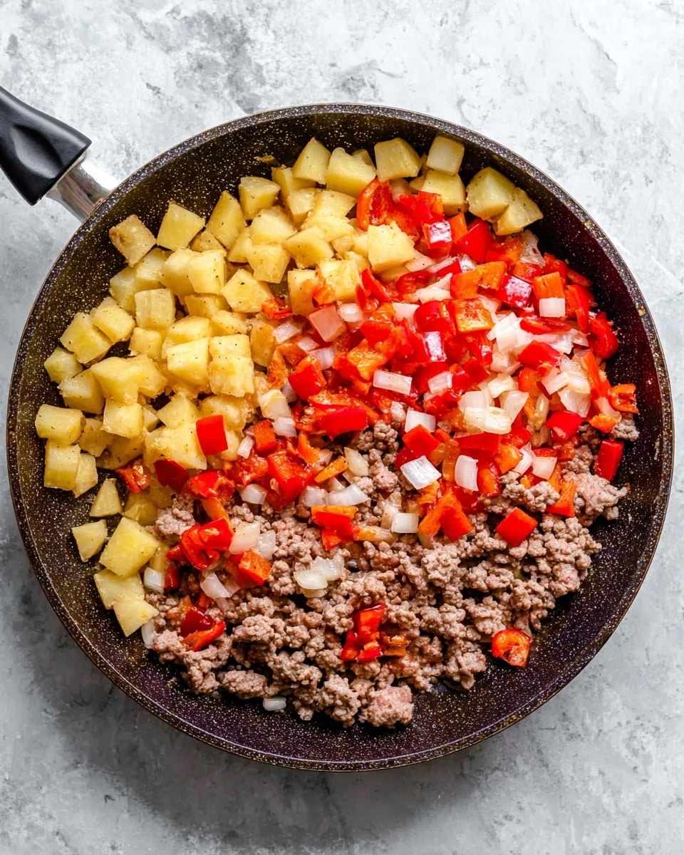 A top view of a dark pan on a white marbled surface with three main layers evenly spread: light golden diced potatoes with a slightly crispy texture on the left side, bright red diced bell peppers mixed with white chopped onions scattered mostly on the right side and some parts overlapping the potatoes, and partially cooked ground beef with a crumbly texture and pinkish-brown color filling the center and mixing slightly with the vegetables around the edges. Steam rises gently from the pan, showing the food is hot. Photo taken with an iphone --ar 4:5 --v 7