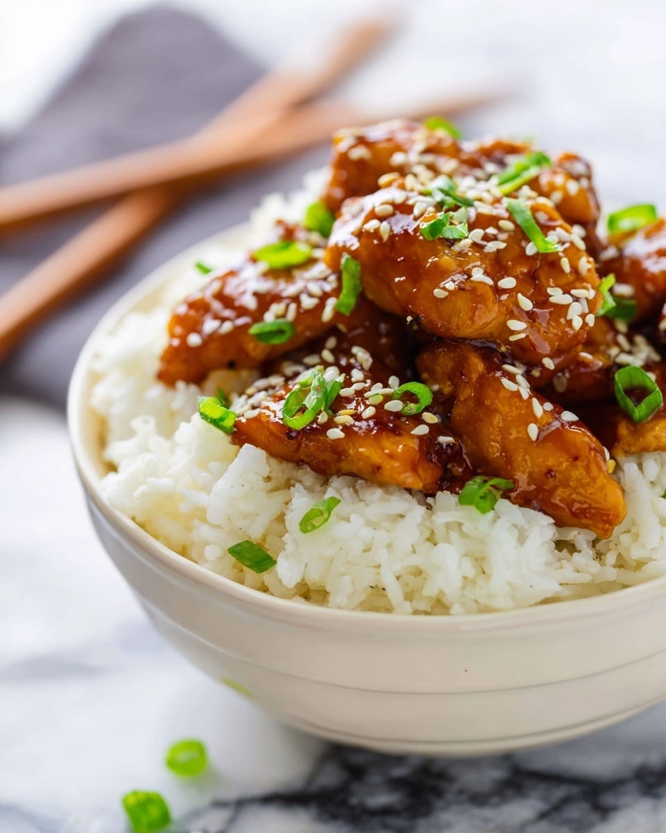 A close-up view of a white bowl filled with two layers: the bottom layer is fluffy white rice with a soft texture, and the top layer has shiny pieces of glazed brown chicken topped with white sesame seeds and chopped green onions scattered across. The bowl is set on a white marbled surface with a blurred fork and wooden chopsticks in the background, creating a clean and inviting look. Photo taken with an iphone --ar 4:5 --v 7