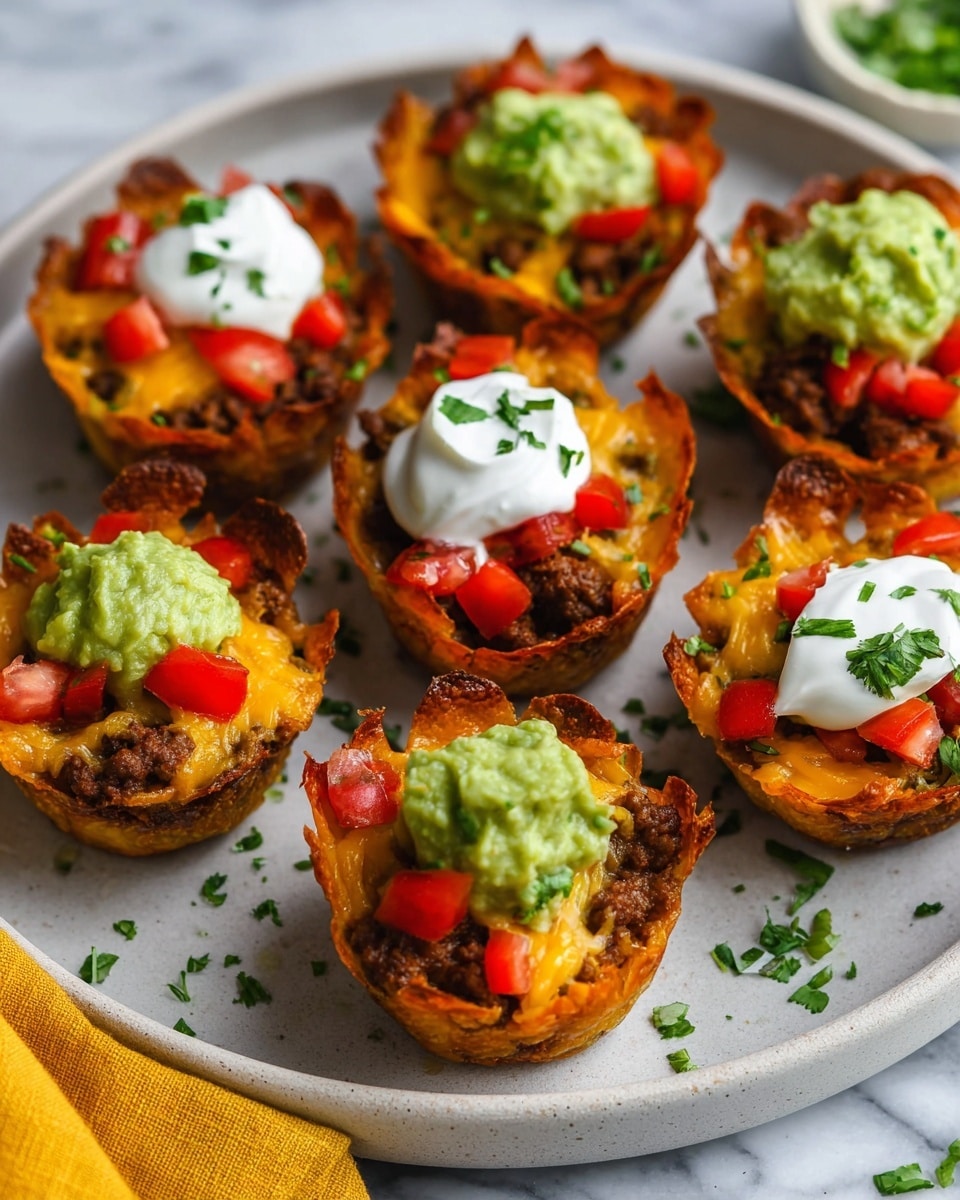 The image shows six crispy baked cups with crunchy golden brown edges placed on a round white plate on a white marbled surface. Each cup has three main layers: a base of cooked ground meat in dark brown, melted orange cheddar cheese in the middle, and small red chopped tomatoes on top. Each cup is garnished with a dollop of white sour cream and a scoop of green guacamole, along with finely chopped green herbs scattered over the cups and plate. The scene is bright with natural light highlighting the textures and colors of the food, with part of a yellow cloth visible at the bottom corner. Photo taken with an iphone --ar 4:5 --v 7