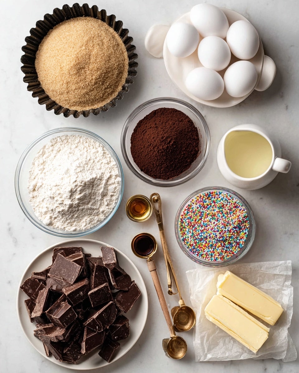 The image shows a baking setup with ingredients arranged neatly on a white marbled surface. At the top left, there is a small round black fluted pan filled with light brown sugar. To its right, four white eggs are clustered together. Next to the eggs is a small white ceramic pitcher containing a creamy liquid. Below the eggs and pitcher is a clear glass bowl divided into two halves: one side holds white flour, and the other side contains dark cocoa powder. At the bottom left, a white plate is filled with large dark chocolate chunks. To the right of the chocolate, two wooden measuring spoons with brass heads hold a small amount of salt and a dark vanilla extract. Next to the spoons are two rectangular pale yellow butter blocks, partially wrapped in paper. At the bottom center, there is a small clear bowl filled with colorful candy sprinkles. Photo taken with an iphone --ar 4:5 --v 7