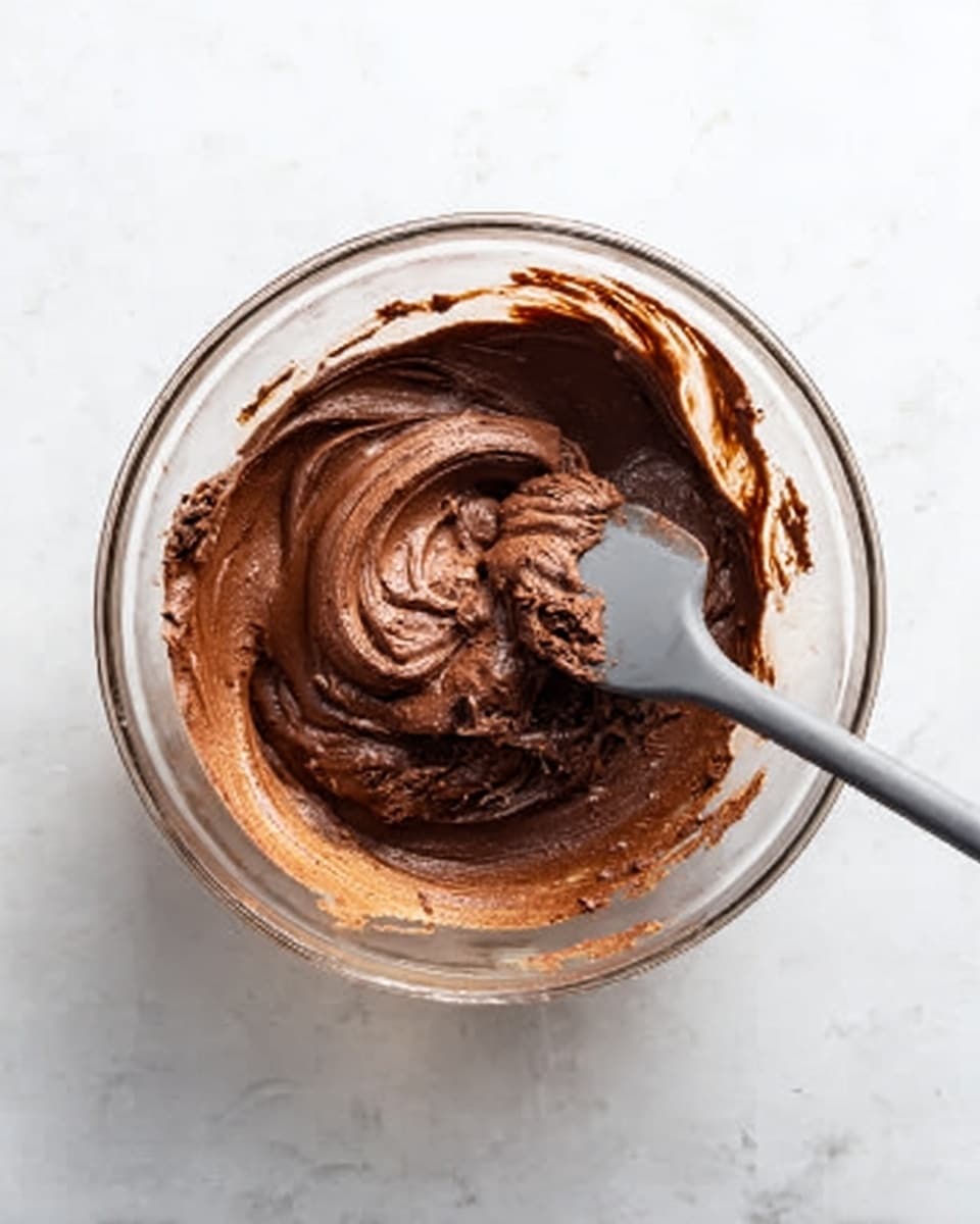A clear glass bowl sits on a white marbled surface, filled with smooth, thick chocolate batter that has a glossy finish. A gray silicone spatula is partially dipped into the batter, its blade covered in the rich brown mixture with swirls showing the creamy texture. Bits of chocolate cling to the sides of the bowl, giving a fresh mixing look. photo taken with an iphone --ar 4:5 --v 7