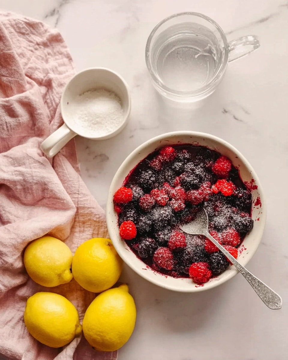 A round white bowl filled with a mixed berry dessert consisting of blackberries, raspberries, and strawberries, all covered with a layer of fine sugar crystals giving a slightly frosted look. On top of the dessert, a silver spoon rests diagonally inside the bowl. Nearby, there is a small white cup filled with white granulated sugar and a medium pile of bright yellow lemons in a white bowl, with one lemon lying beside it. A clear glass of water stands behind the bowl with berries, and a pale pink cloth is gently draped on the white marbled surface around the setup. photo taken with an iphone --ar 4:5 --v 7
