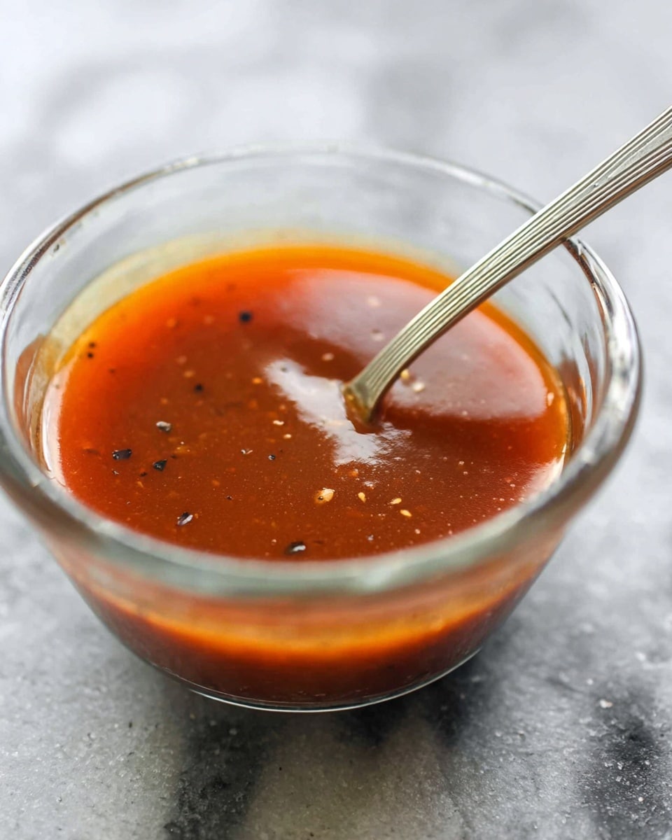 A clear glass bowl filled with a smooth, shiny reddish-brown sauce that has small dark specks and tiny bits floating in it; a silver spoon is partially dipped into the sauce, resting inside the bowl, with the handle coming out towards the top right corner; the bowl sits on a white marbled surface softly lit to show texture and details. photo taken with an iphone --ar 4:5 --v 7