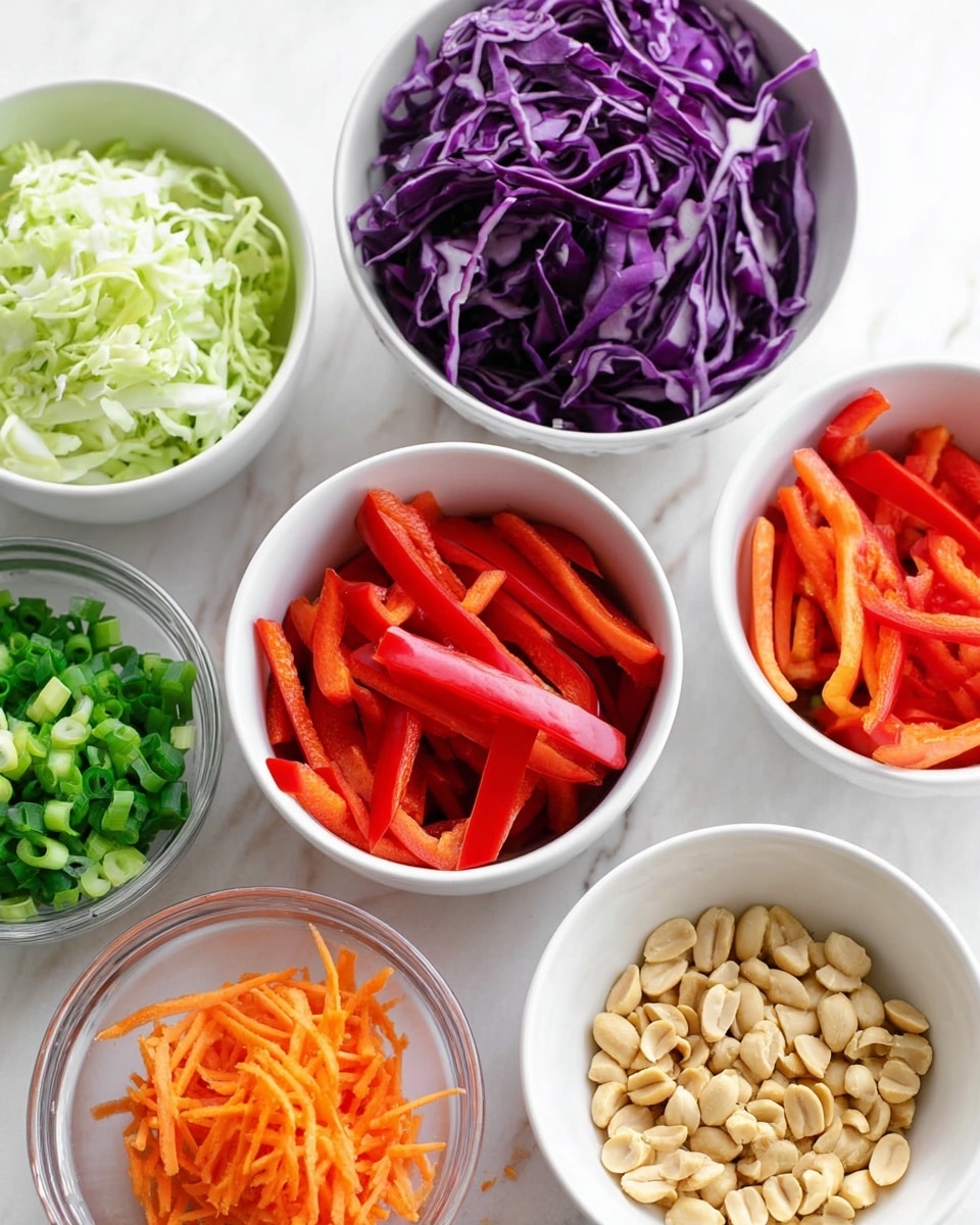 The image shows six small white bowls arranged on a white marbled surface, each with different fresh vegetable ingredients. The top center bowl contains thin, long strips of bright purple cabbage with a crisp texture. To the left is a bowl filled with finely shredded pale green cabbage. The middle bowl holds bright red sliced bell peppers, cut into thick strips. Below that, a white bowl contains fresh green chopped scallions with a mix of light and dark green parts. On the bottom left is a clear bowl filled with thin orange carrot shreds. On the right side, a white bowl is filled with roughly chopped beige peanuts. The bowls are neatly spaced with clear visibility of each ingredient, photo taken with an iphone --ar 4:5 --v 7