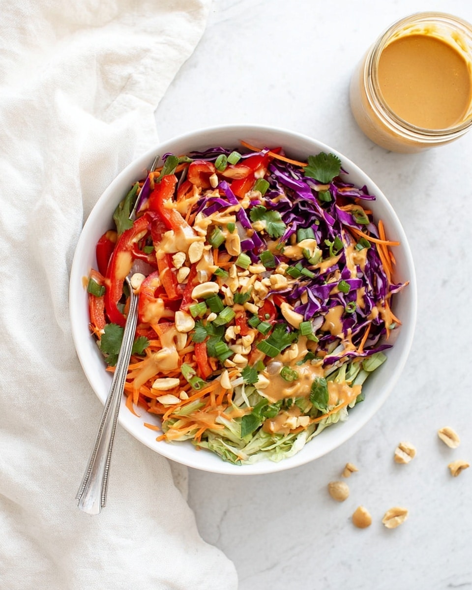 A white bowl filled with a colorful salad sits on a white marbled surface. The salad has different layers: shredded purple cabbage and light green cabbage at the bottom, thin orange carrot strips next, followed by bright red bell pepper slices. On top, there are chopped green onions and fresh green cilantro leaves scattered around. Light brown peanuts add texture, and a drizzle of creamy light tan dressing covers parts of the salad. A fork rests inside the bowl on the left side, and a small jar of the dressing stands to the right of the bowl. A white cloth is casually placed near the bowl’s bottom left edge. Photo taken with an iphone --ar 4:5 --v 7