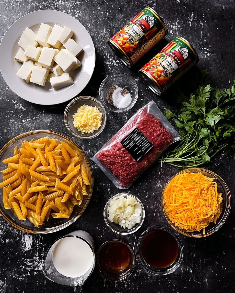 The image shows various cooking ingredients arranged neatly on a dark surface with a white marbled texture. At the top left, there is a white plate with five pieces of white cheese. Below it, two cans of diced tomatoes with colorful labels stand side by side. Next to the cans is a large clear bowl filled with uncooked yellow penne pasta. Above the pasta bowl is a small glass bowl with minced garlic. To the right of the garlic, a small glass bowl contains salt and black pepper. In the center is a vacuum-sealed package of red ground beef with a black label on top. Above and to the right of the beef, a measuring cup holds a white creamy liquid. Near the top right, fresh green cilantro leaves lie on the surface. To the right of the cilantro is a glass cup filled with a dark brown liquid. Below it, a clear bowl with shredded orange cheddar cheese sits to the right. A small glass bowl filled with chopped white onions is next to the cheese. At the bottom center, two small glass bowls contain dark liquids, and a small bowl with red and brown spices is nearby. photo taken with an iphone --ar 4:5 --v 7