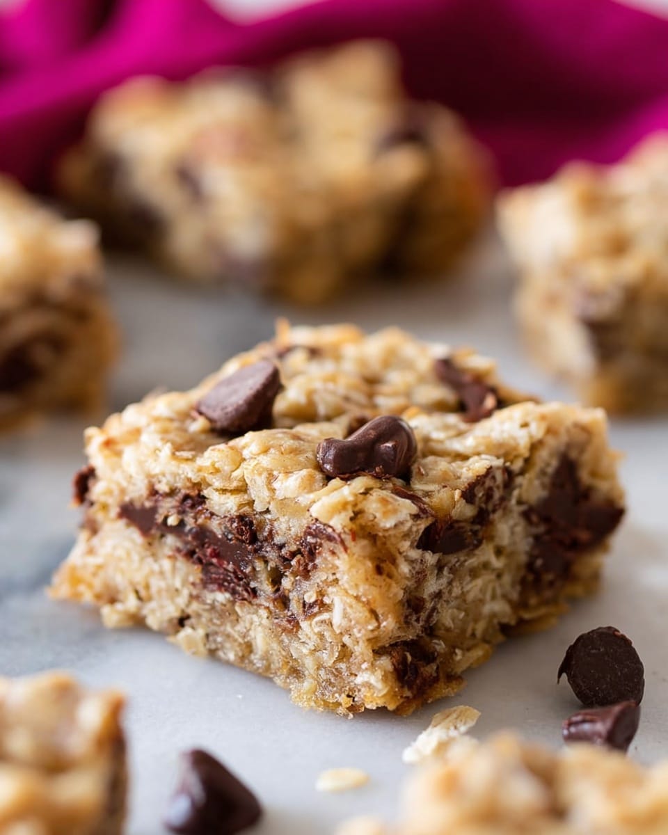 A thick, square-shaped oat and chocolate chip bar with a light golden-brown texture sits in the center of the image on a white marbled surface. The bar shows visible layers of soft oats mixed with melted chocolate chips that create dark brown spots inside and on top, while some chocolate chips are scattered around it on the surface. The bar appears moist and chunky with a slightly rough, crumbly exterior. In the background, more similar bars blur out softly, adding depth without drawing focus away from the main bar. A piece of dark pink fabric is partly visible behind the treats, contrasting with the neutral colors of the bar and surface. Photo taken with an iphone --ar 4:5 --v 7