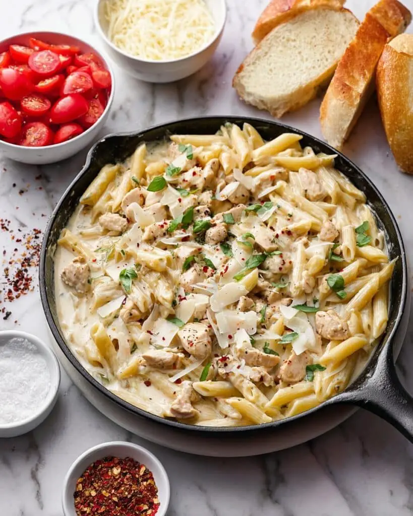 Chicken Penne Pasta with Bruschetta Topping and Creamy Parmesan Sauce Recipe
