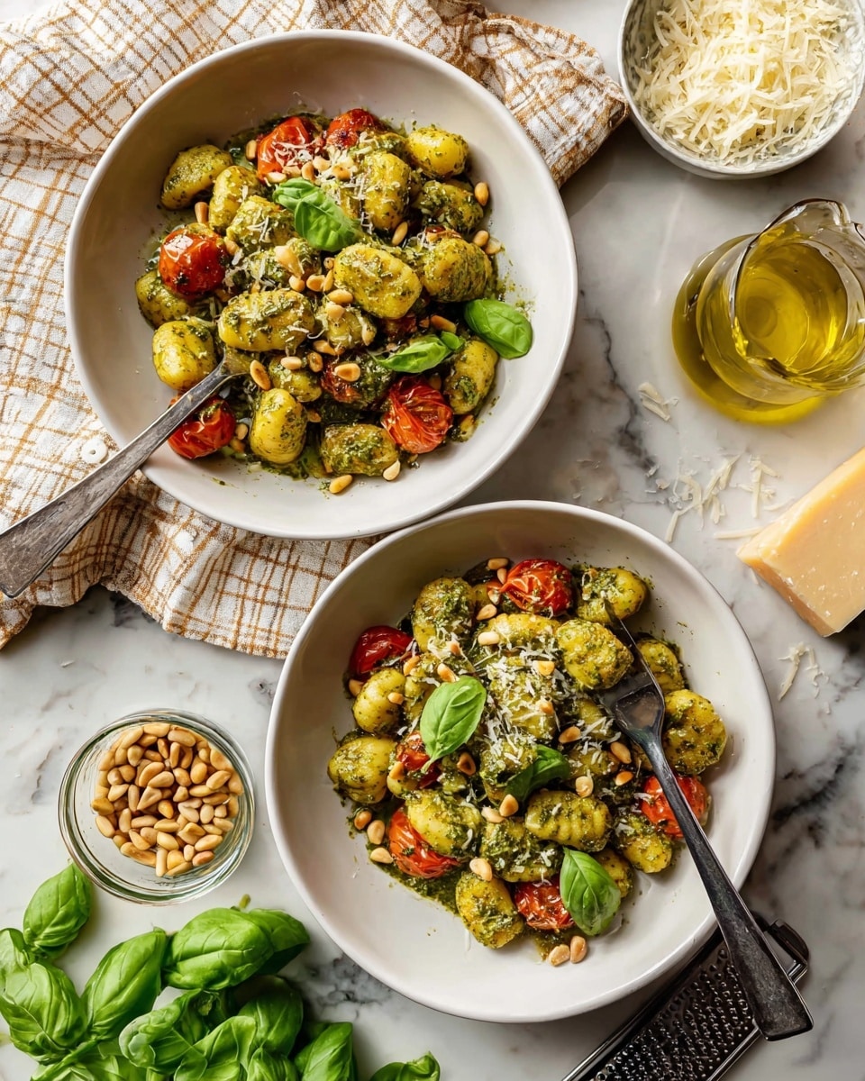 Two white bowls hold gnocchi coated in green pesto sauce with a chunky texture, mixed with bright red cherry tomatoes. The gnocchi are soft and round, piled in layers, and topped with fresh green basil leaves and small, light brown pine nuts. Some grated pale yellow cheese is scattered on top and around the bowls. A silver fork rests in each bowl, with one gnocchi piece on the fork in the top bowl. Around the bowls, there are fresh green basil leaves, a small glass bowl of pine nuts, a block of cheese with a black grater, and a small glass jar of golden olive oil, all set on a white marbled surface with a beige and black checkered cloth. photo taken with an iphone --ar 4:5 --v 7