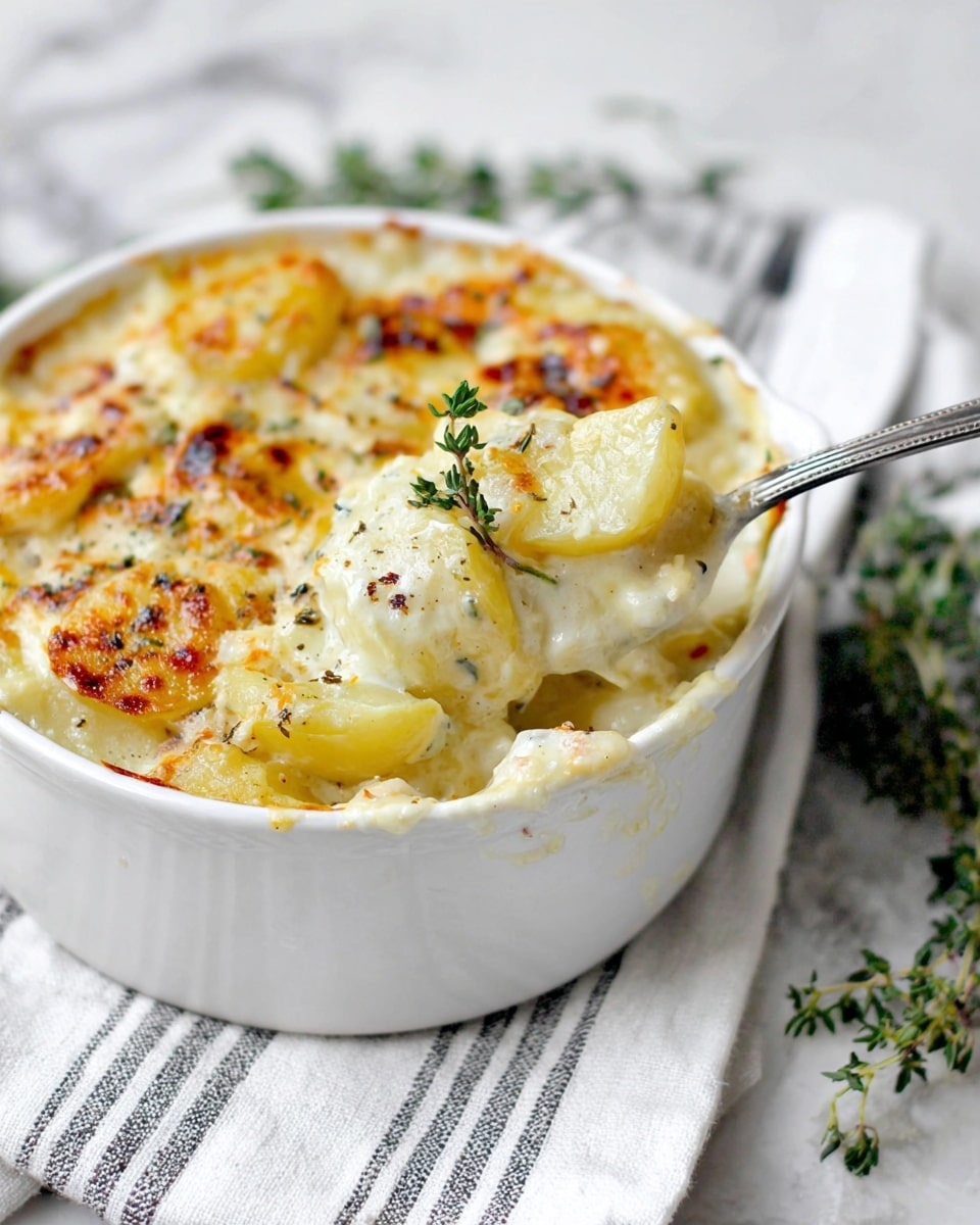 A white bowl filled with a creamy, golden potato dish showing two visible layers: the bottom layer consists of tender, light yellow potato chunks covered in a thick, white creamy sauce with hints of herbs, while the top layer is browned and slightly crispy with spots of golden color. A small green herb sprig rests gently on top, adding a fresh touch. A spoon is scooping from the side, lifting a portion of the creamy potato mix. The bowl sits on a white and gray striped cloth on a white marbled surface, with fresh green herbs placed nearby. Photo taken with an iphone --ar 4:5 --v 7