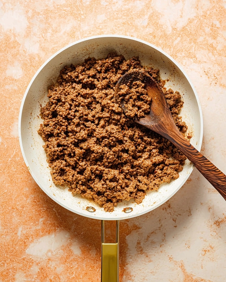 A white pan with a gold handle is shown from above, filled with cooked ground meat that is brown and crumbly in texture. The meat covers most of the pan surface, with small clumps and bits spread evenly, showing some browning on the edges. A wooden spoon with dark wood grain patterns rests inside the pan on the right side, partially scooping some of the meat. The pan is placed on a white marbled surface with warm reddish-orange tones around it. photo taken with an iphone --ar 4:5 --v 7