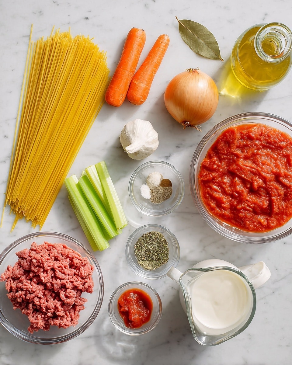 The image shows ingredients laid out on a white marbled surface. On the left, there is a large pile of uncooked yellow spaghetti pasta. Nearby, two whole orange carrots, two cloves of garlic, and three green celery stalks lie next to a whole light brown onion. Surrounding these, there are several small clear glass bowls: one with dried herbs, one with a mix of salt, pepper, and other spices, one with tomato paste, and one with raw ground meat. A larger clear glass bowl holds bright red crushed tomatoes, and in front of it is a small clear glass pitcher filled with white cream. In the upper right corner, a glass bottle with golden olive oil and a dried bay leaf complete the arrangement. photo taken with an iphone --ar 4:5 --v 7