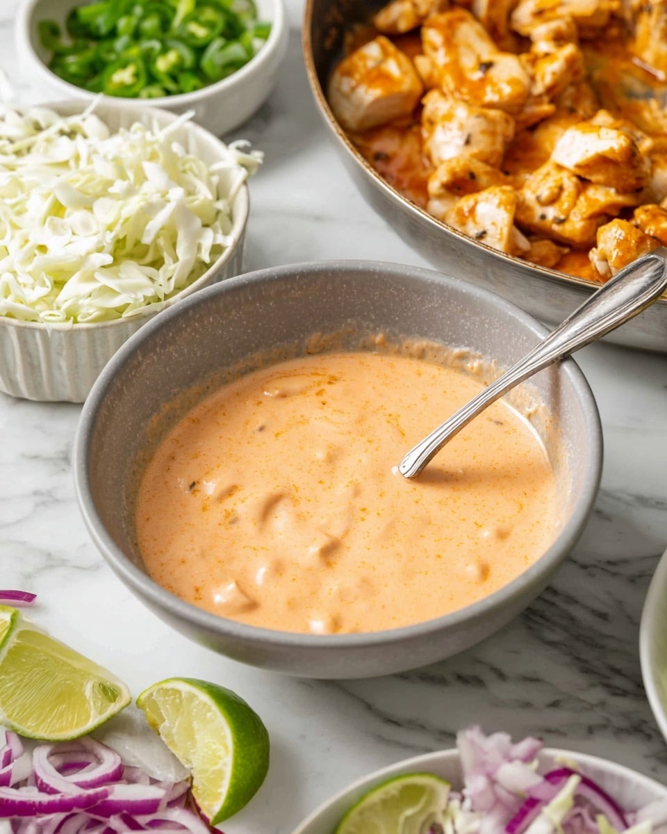 A close-up of a grey bowl filled with a smooth, creamy light orange sauce, with a silver spoon resting inside it. Behind the bowl, there is a pan of cooked white chicken pieces with a light brown sauce on a white marbled surface. Around the main bowl, there are small white bowls filled with shredded white cabbage, chopped red onions, and chopped green onions, along with green lime wedges scattered on the white marbled surface. photo taken with an iphone --ar 4:5 --v 7